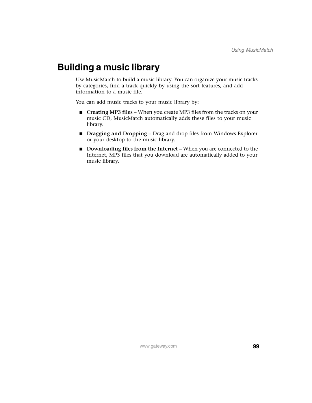 Gateway 1450 specifications Building a music library 