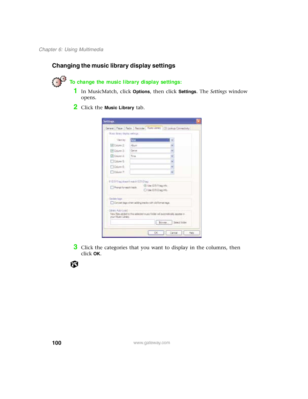 Gateway 1450 specifications To change the music library display settings, 100 