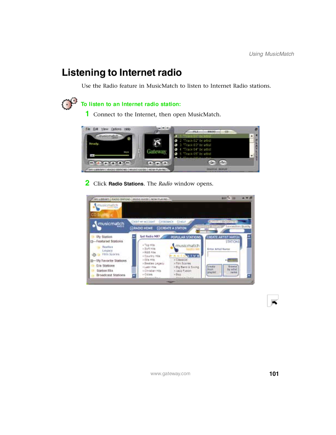 Gateway 1450 specifications Listening to Internet radio, To listen to an Internet radio station, 101 