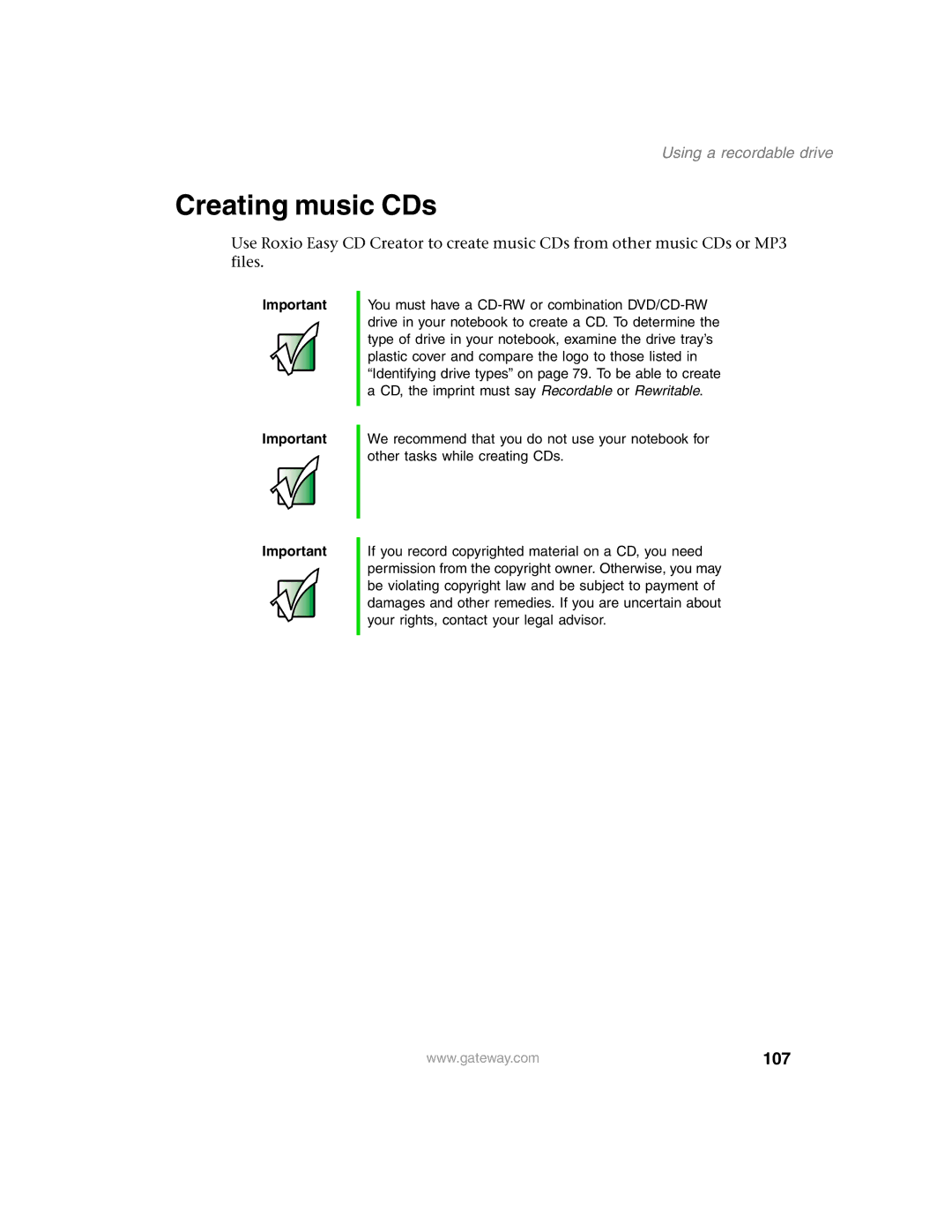 Gateway 1450 specifications Creating music CDs, 107 