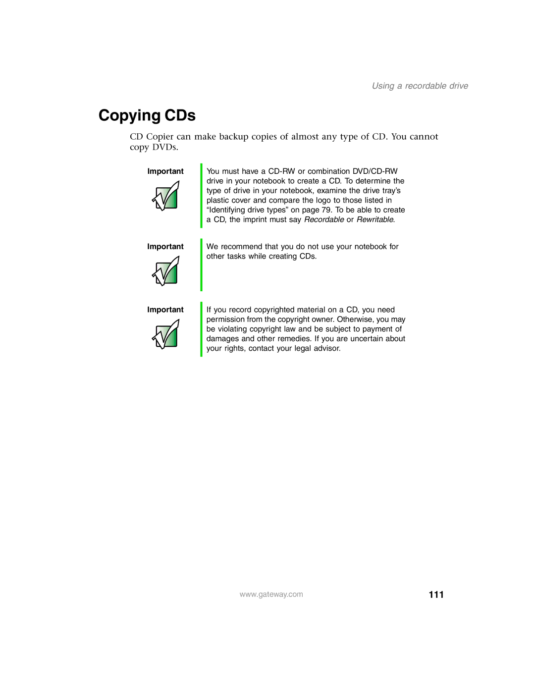 Gateway 1450 specifications Copying CDs, 111 