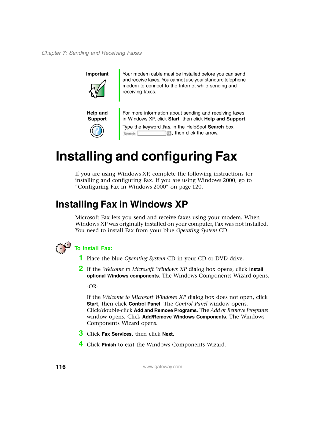 Gateway 1450 specifications Installing and configuring Fax, Installing Fax in Windows XP, To install Fax, 116 