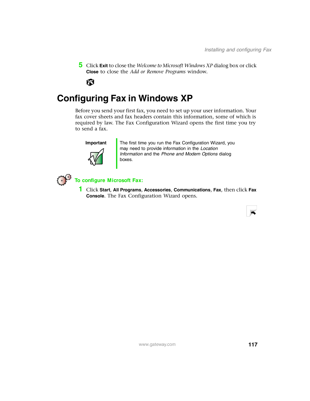 Gateway 1450 specifications Configuring Fax in Windows XP, To configure Microsoft Fax, 117, Installing and configuring Fax 