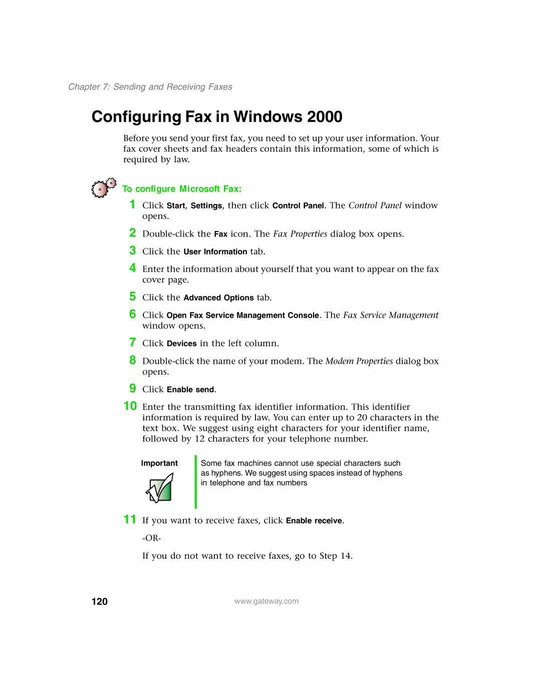 Gateway 1450 specifications Configuring Fax in Windows, 120 