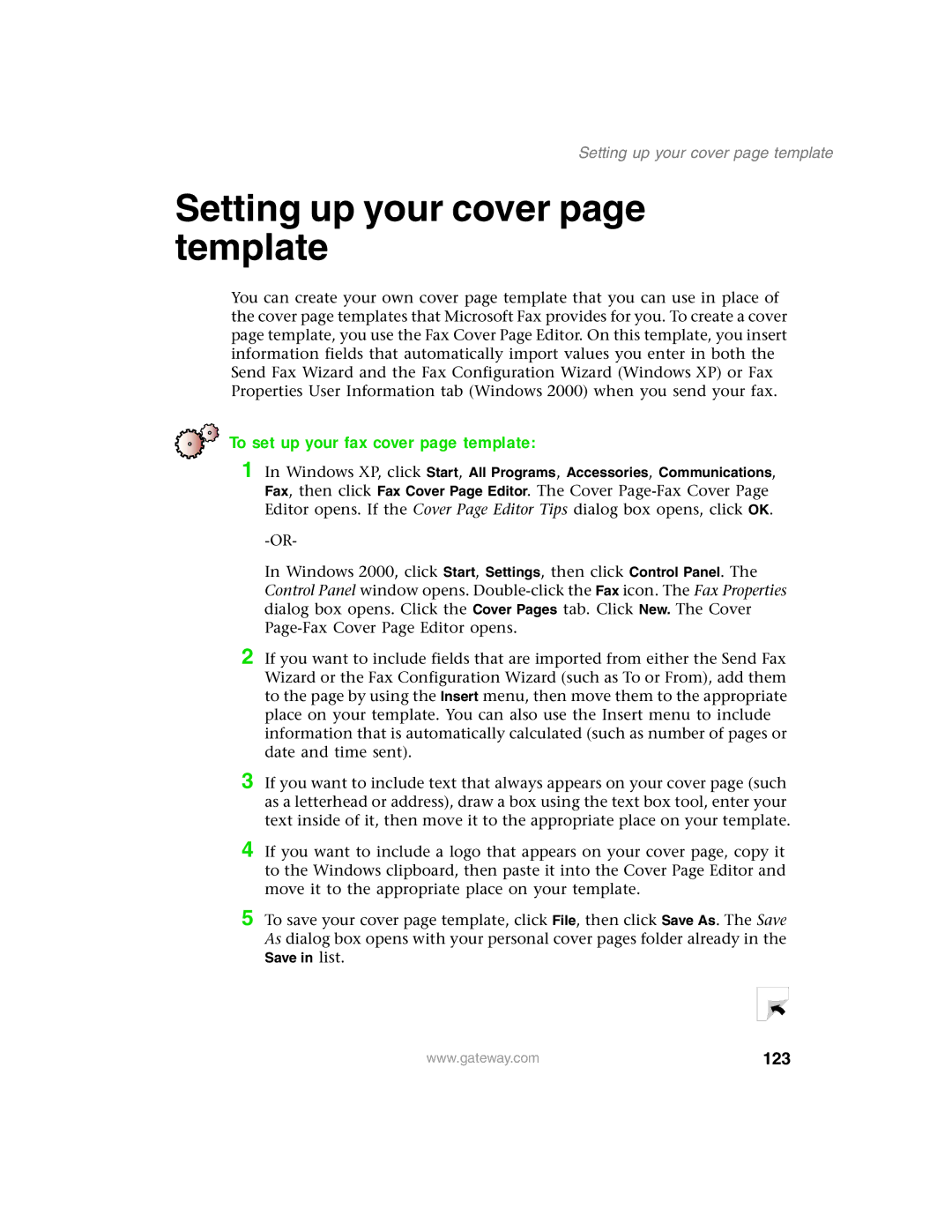 Gateway 1450 specifications Setting up your cover page template, To set up your fax cover page template, 123 