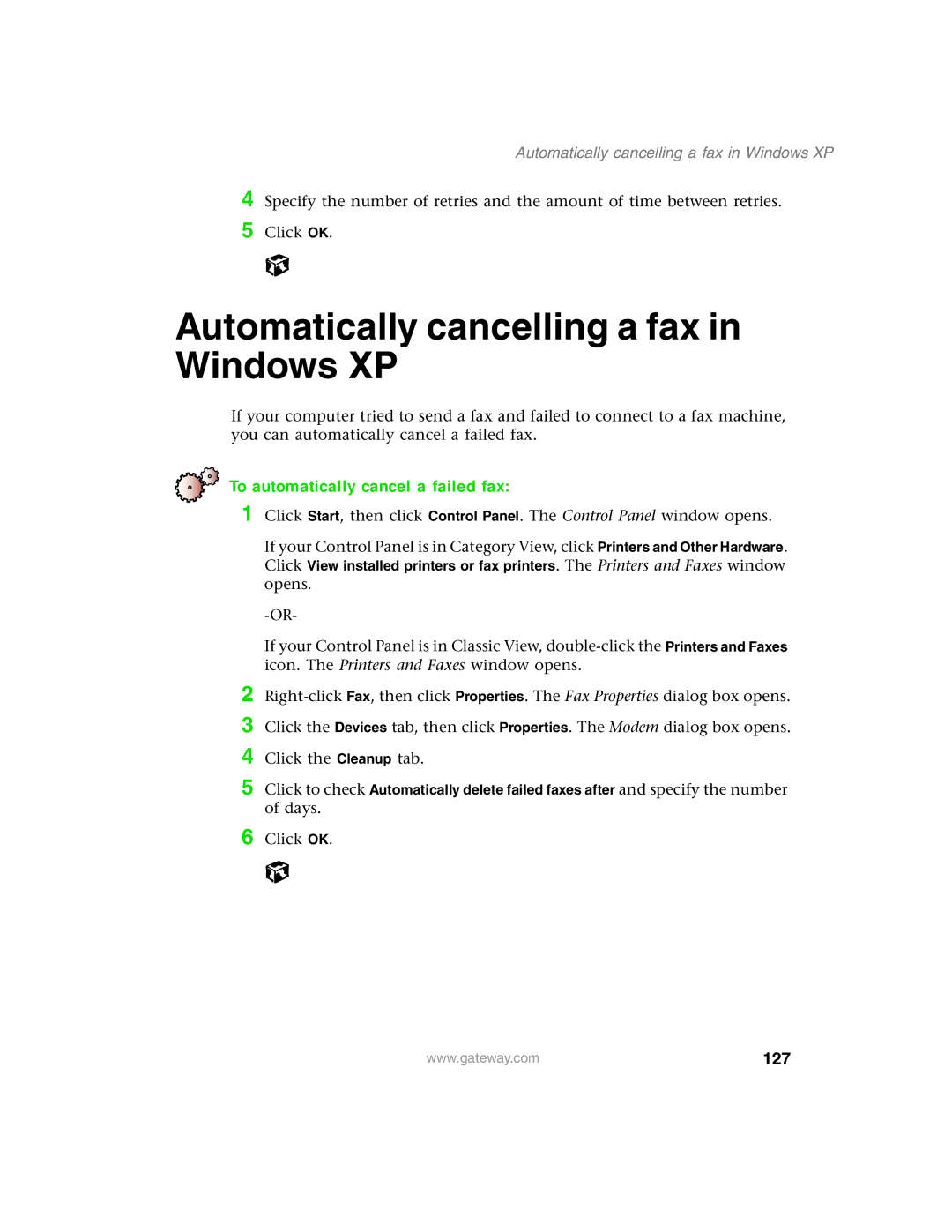 Gateway 1450 specifications Automatically cancelling a fax in Windows XP, To automatically cancel a failed fax, 127 