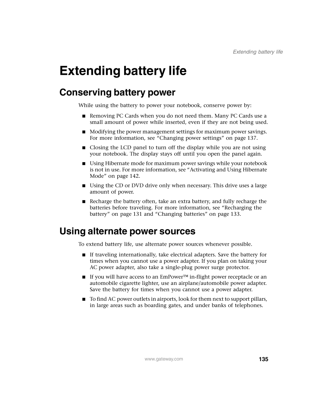 Gateway 1450 specifications Extending battery life, Conserving battery power, Using alternate power sources, 135 