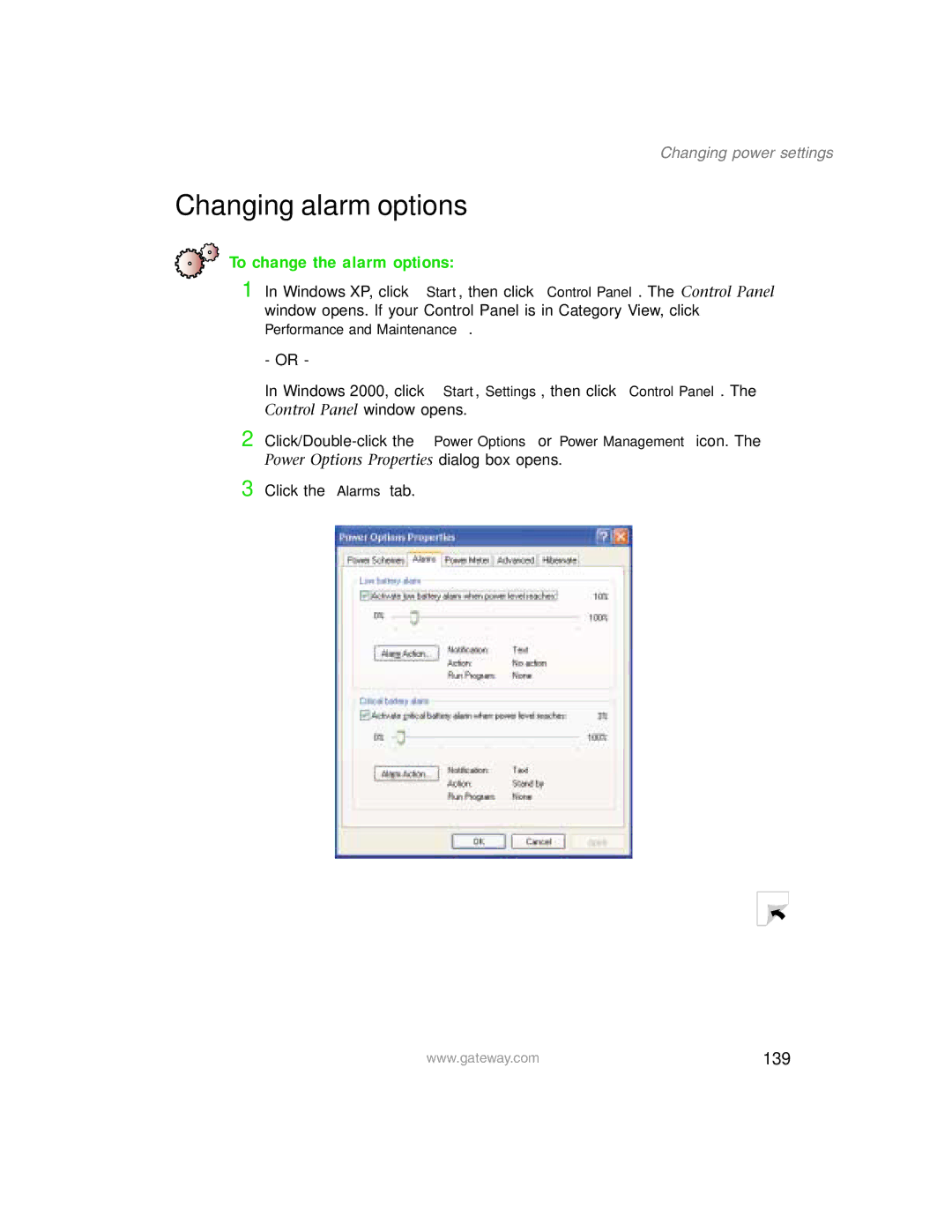 Gateway 1450 specifications Changing alarm options, To change the alarm options, 139 