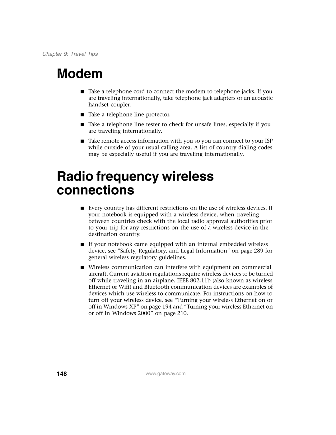 Gateway 1450 specifications Modem, Radio frequency wireless connections, 148, Travel Tips 