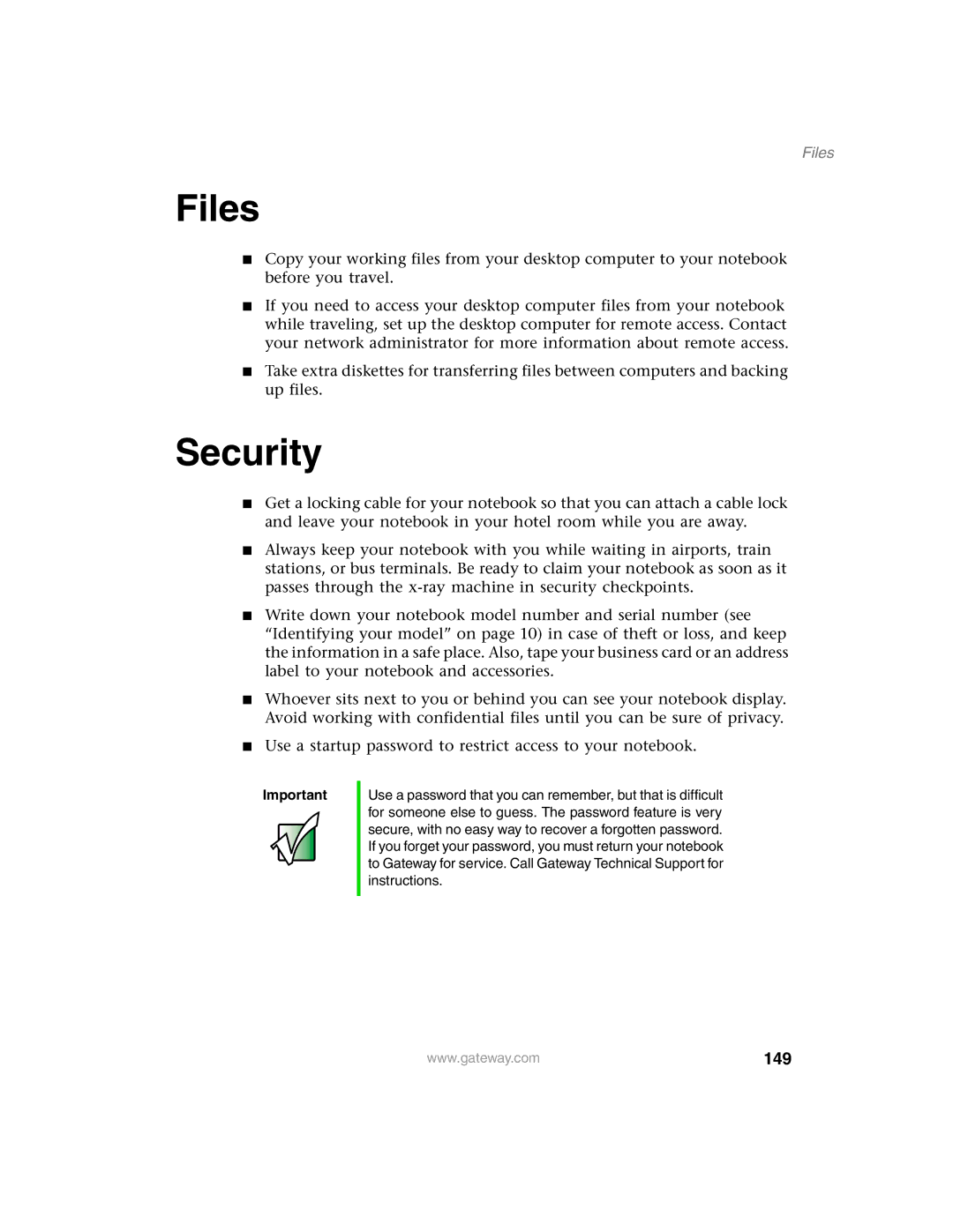 Gateway 1450 specifications Files, Security, 149 