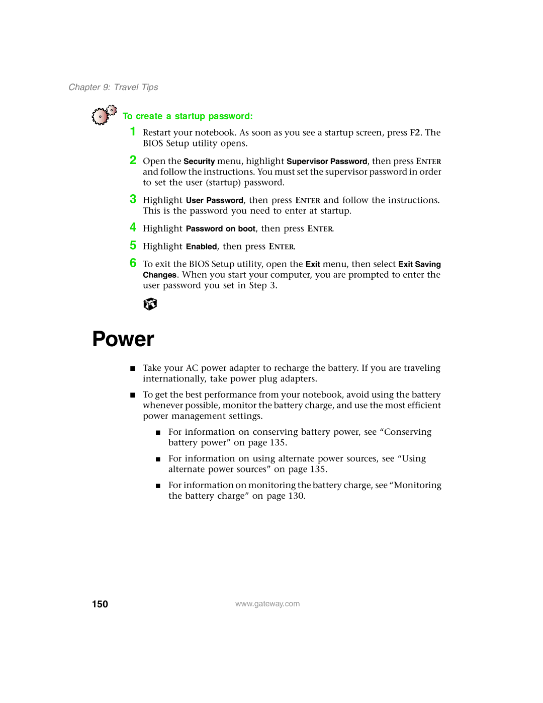 Gateway 1450 specifications Power, To create a startup password, 150 