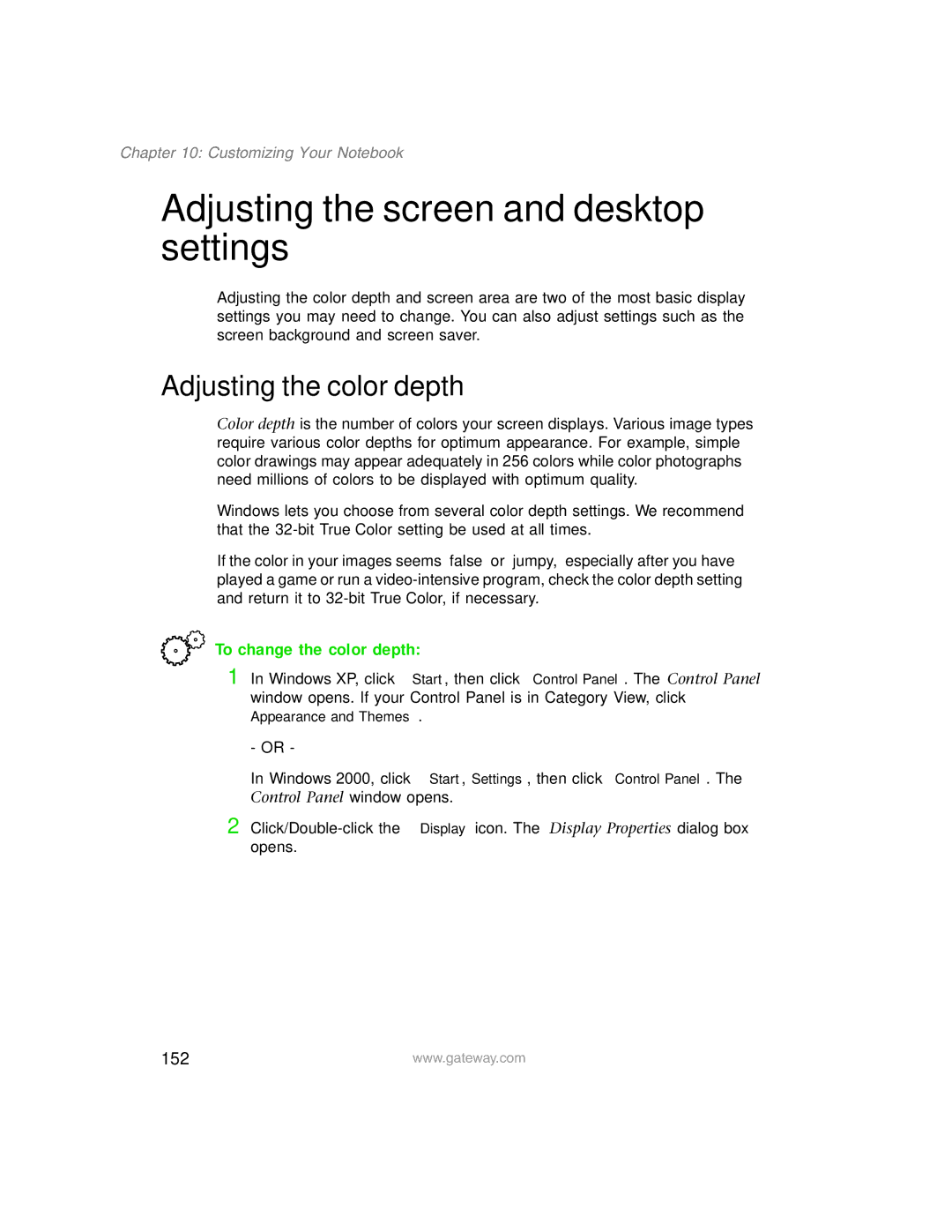 Gateway 1450 Adjusting the screen and desktop settings, Adjusting the color depth, To change the color depth, 152 