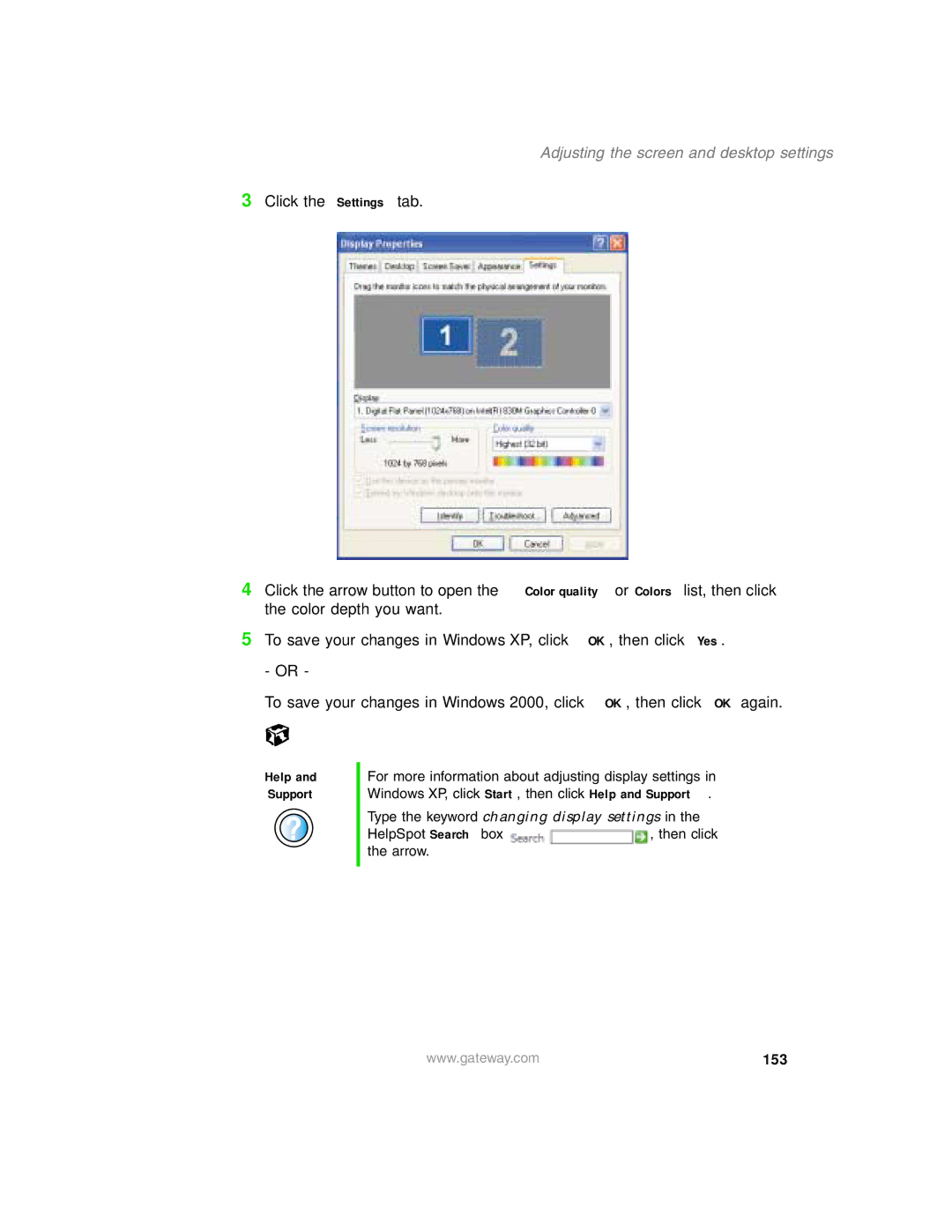 Gateway 1450 specifications 153, Adjusting the screen and desktop settings 