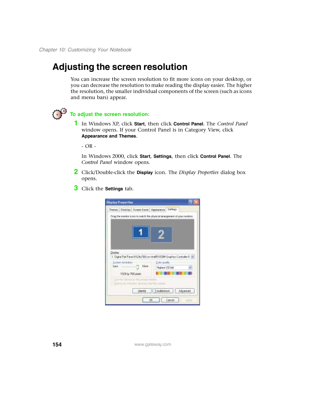 Gateway 1450 specifications Adjusting the screen resolution, To adjust the screen resolution, 154 