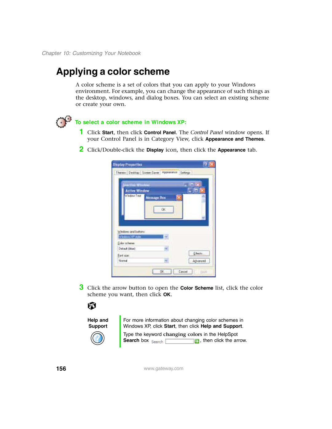 Gateway 1450 specifications Applying a color scheme, To select a color scheme in Windows XP, 156 