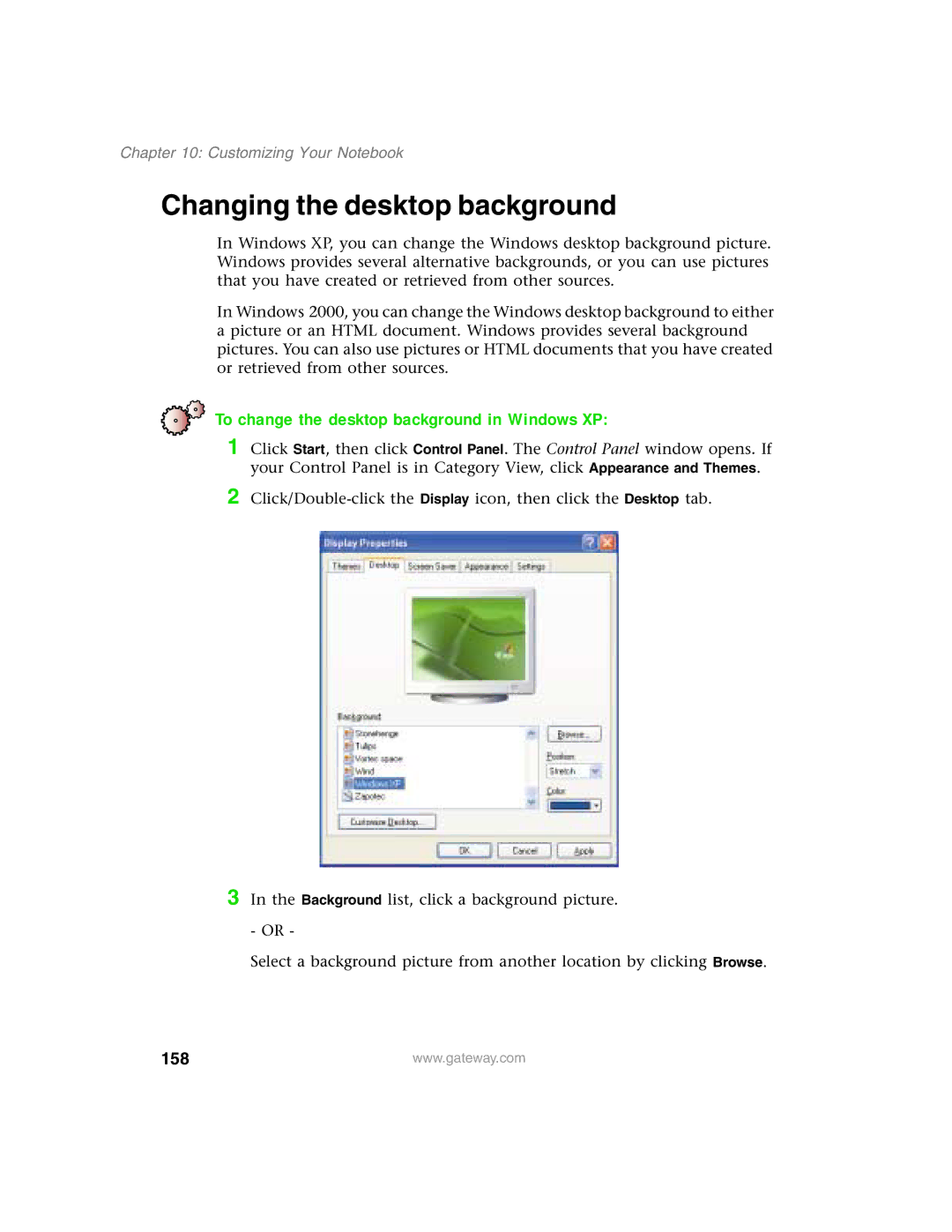 Gateway 1450 specifications Changing the desktop background, To change the desktop background in Windows XP, 158 