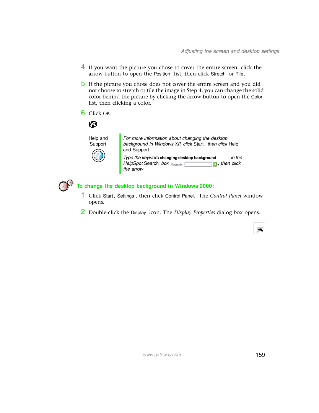 Gateway 1450 specifications To change the desktop background in Windows, 159 