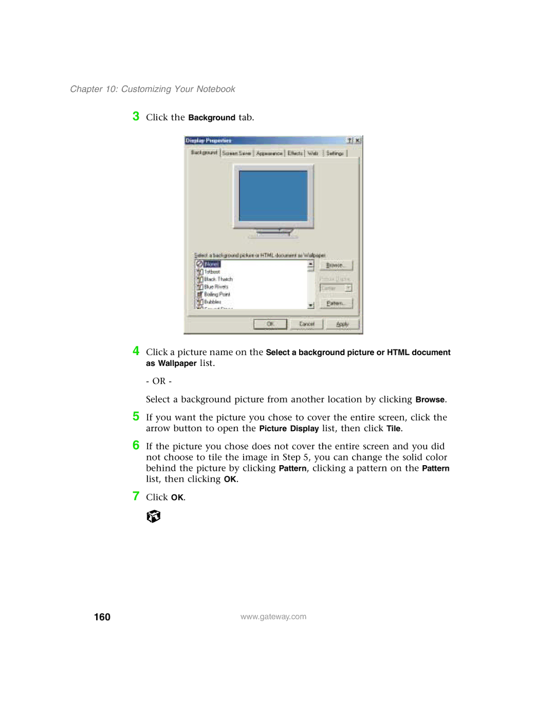 Gateway 1450 specifications 160, Click the Background tab 