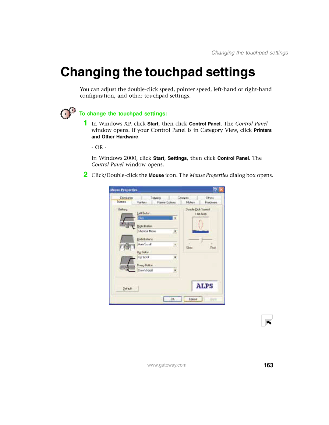 Gateway 1450 specifications Changing the touchpad settings, To change the touchpad settings, 163 