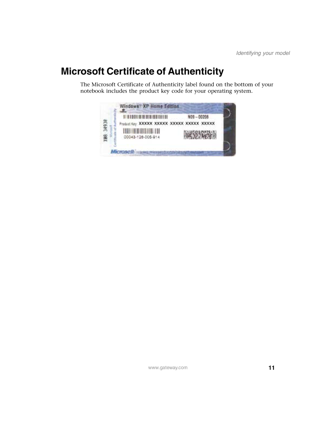 Gateway 1450 specifications Microsoft Certificate of Authenticity, Identifying your model 