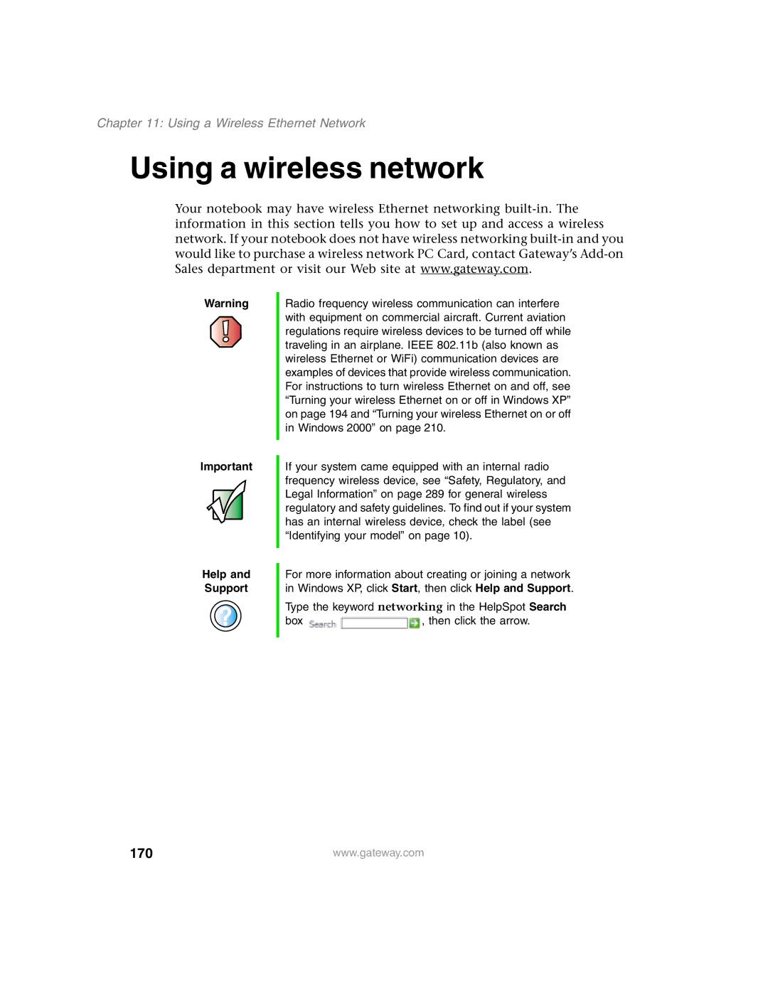 Gateway 1450 specifications Using a wireless network, 170, Using a Wireless Ethernet Network 