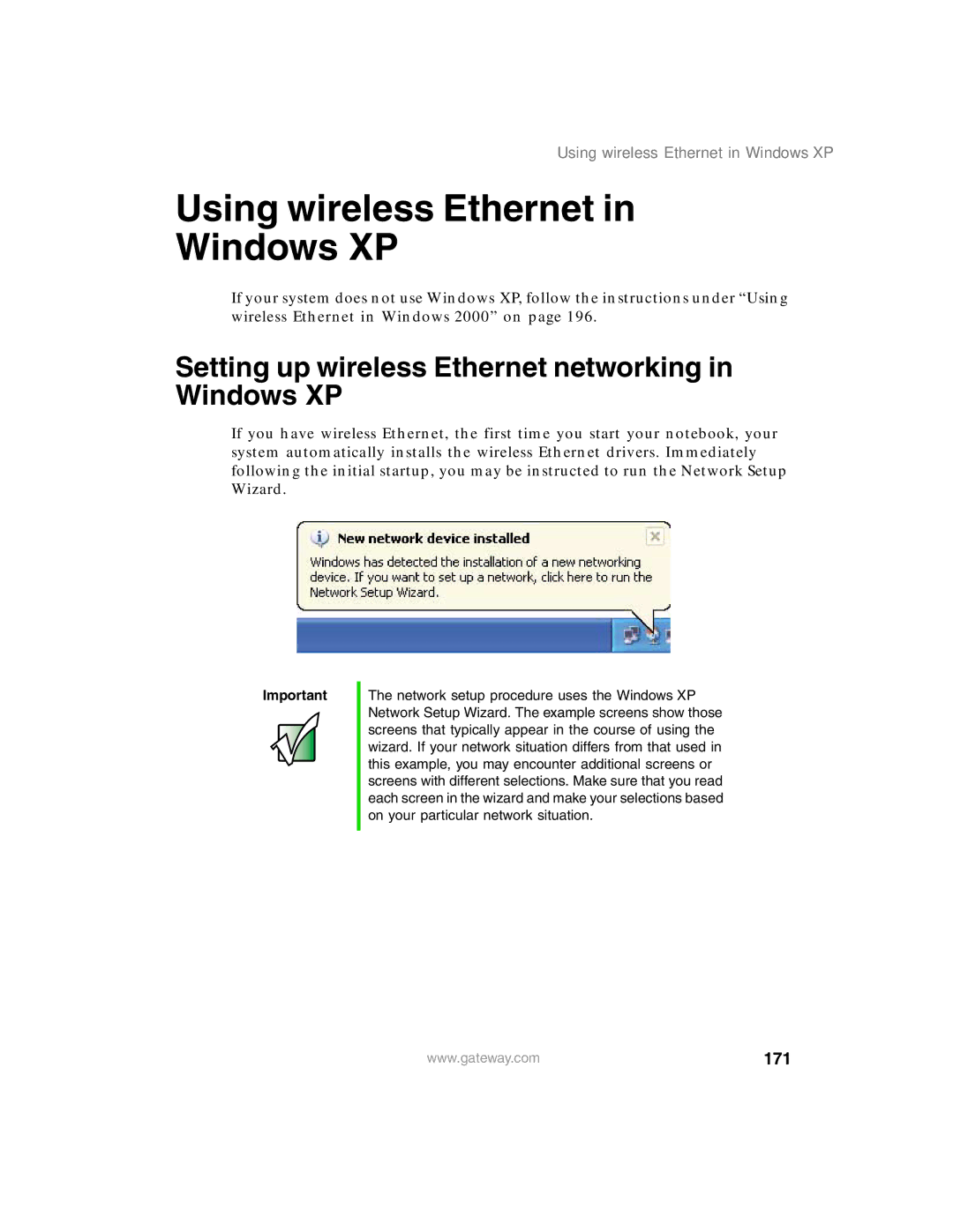 Gateway 1450 specifications Using wireless Ethernet Windows XP, Setting up wireless Ethernet networking in Windows XP, 171 