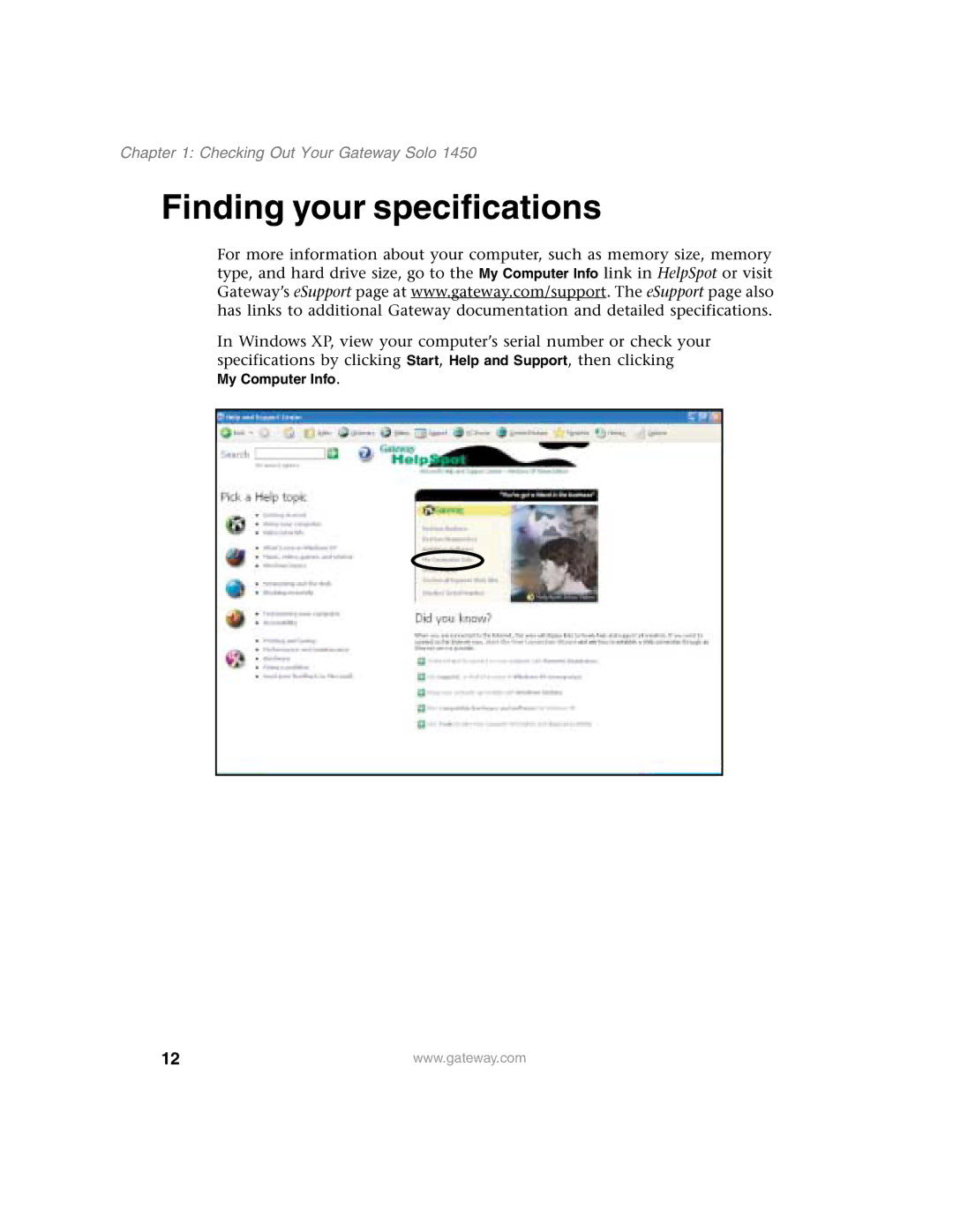 Gateway 1450 Finding your specifications 