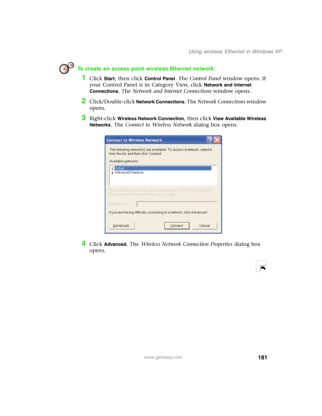 Gateway 1450 specifications To create an access point wireless Ethernet network, 181 