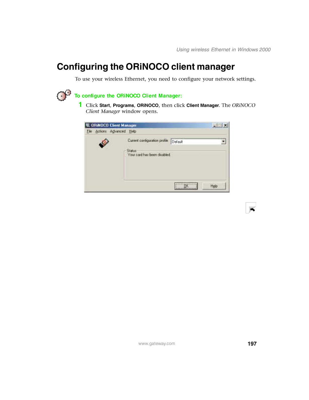 Gateway 1450 specifications Configuring the ORiNOCO client manager, To configure the ORiNOCO Client Manager, 197 