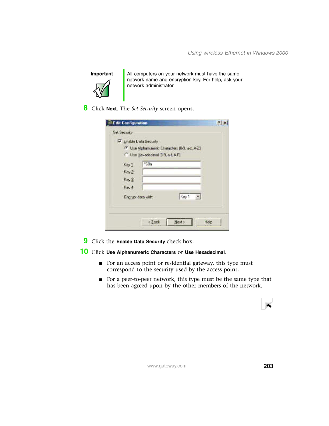 Gateway 1450 specifications 203, Click Next. The Set Security screen opens 