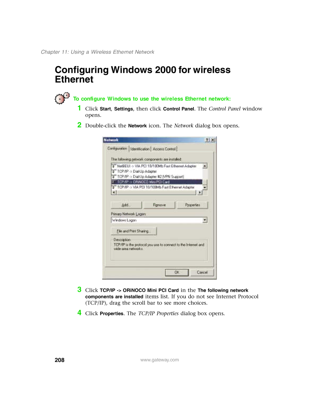 Gateway 1450 Configuring Windows 2000 for wireless Ethernet, To configure Windows to use the wireless Ethernet network 