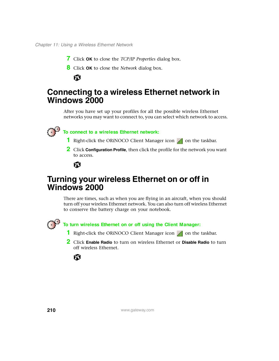 Gateway 1450 Connecting to a wireless Ethernet network in Windows, Turning your wireless Ethernet on or off in Windows 