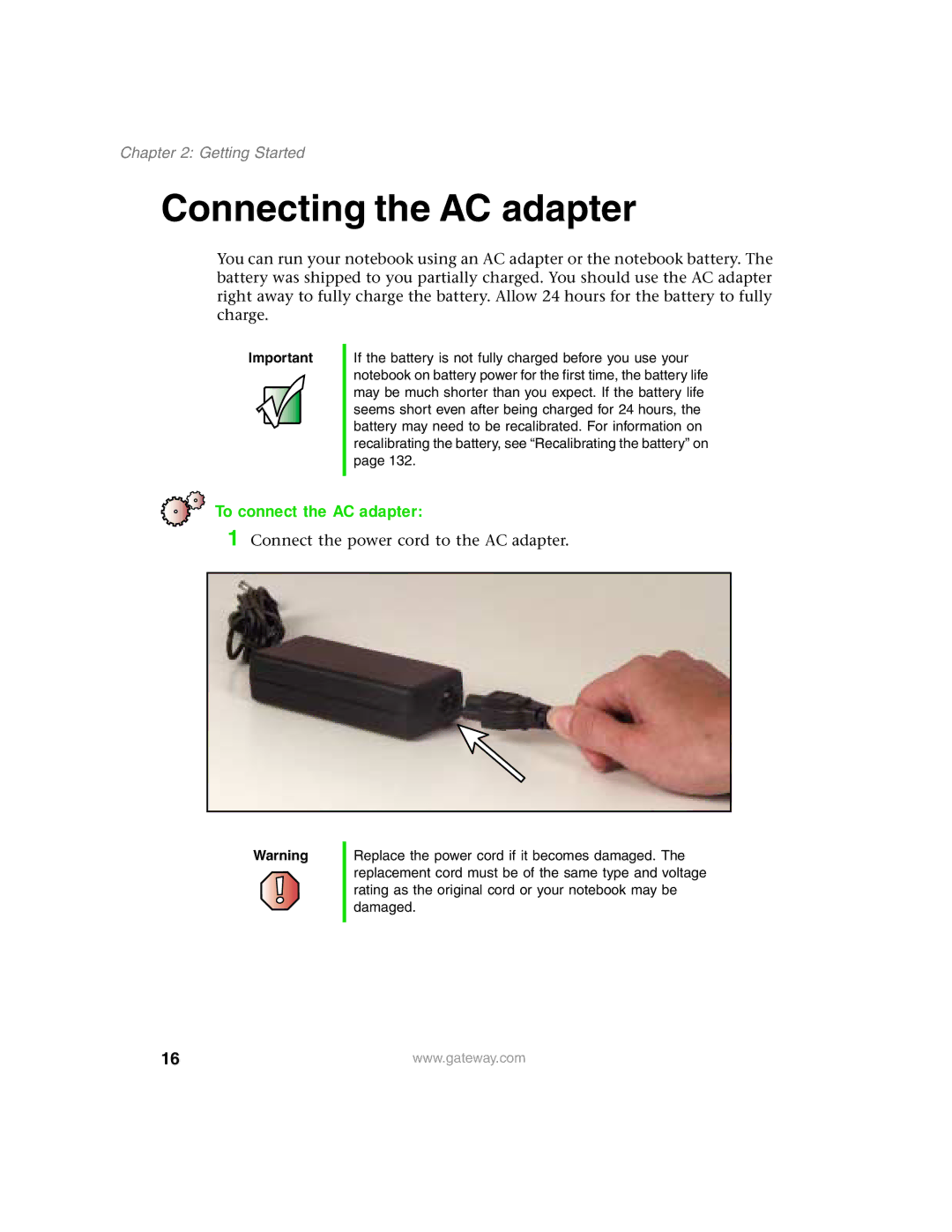 Gateway 1450 specifications Connecting the AC adapter, To connect the AC adapter, Getting Started 