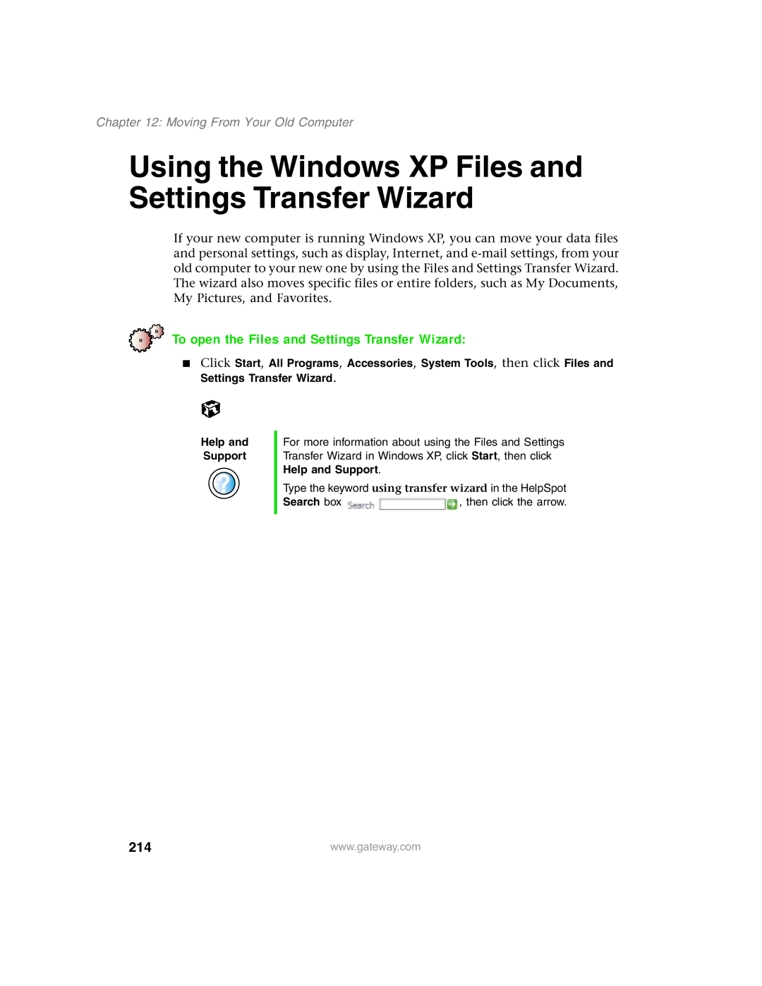 Gateway 1450 Using the Windows XP Files and Settings Transfer Wizard, To open the Files and Settings Transfer Wizard, 214 