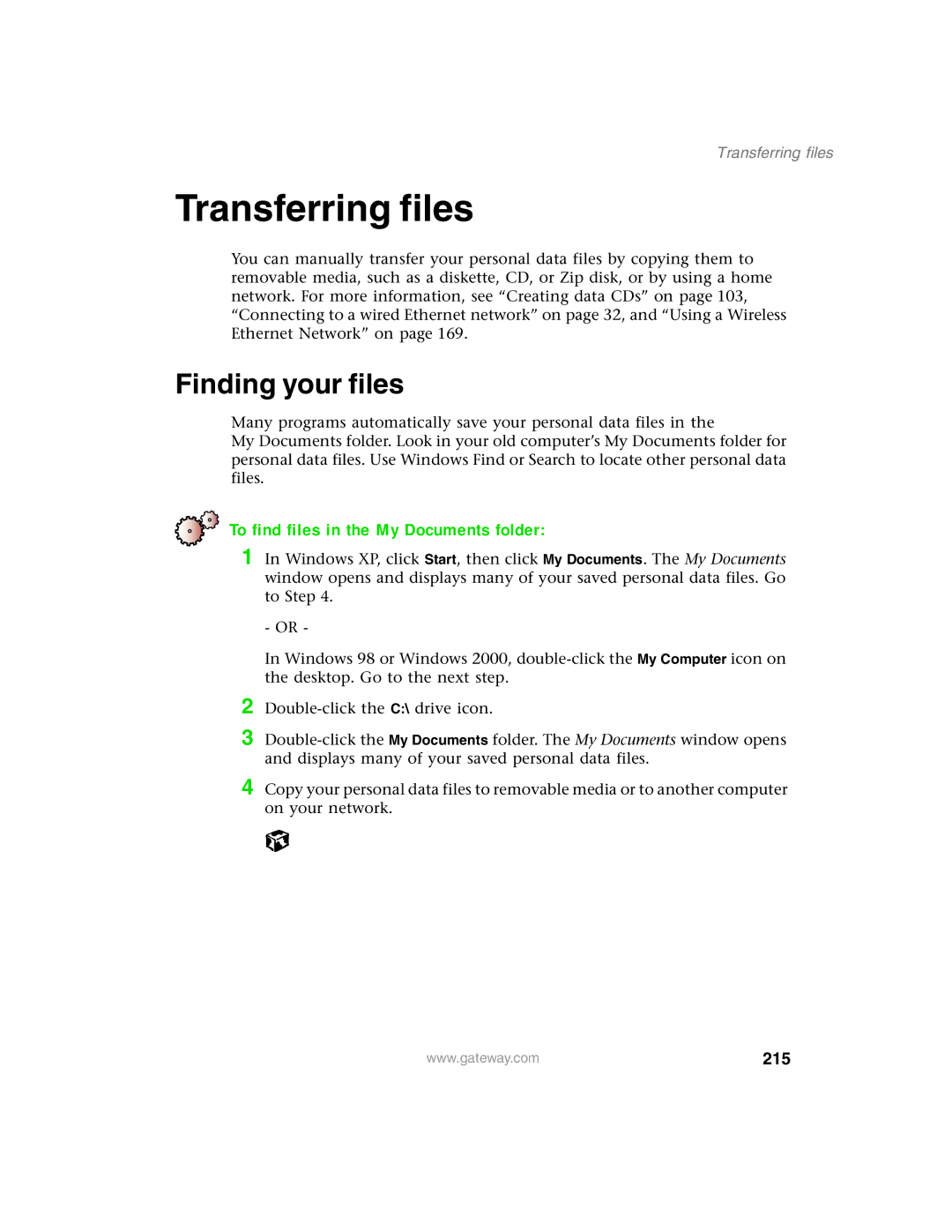 Gateway 1450 specifications Transferring files, Finding your files, To find files in the My Documents folder, 215 