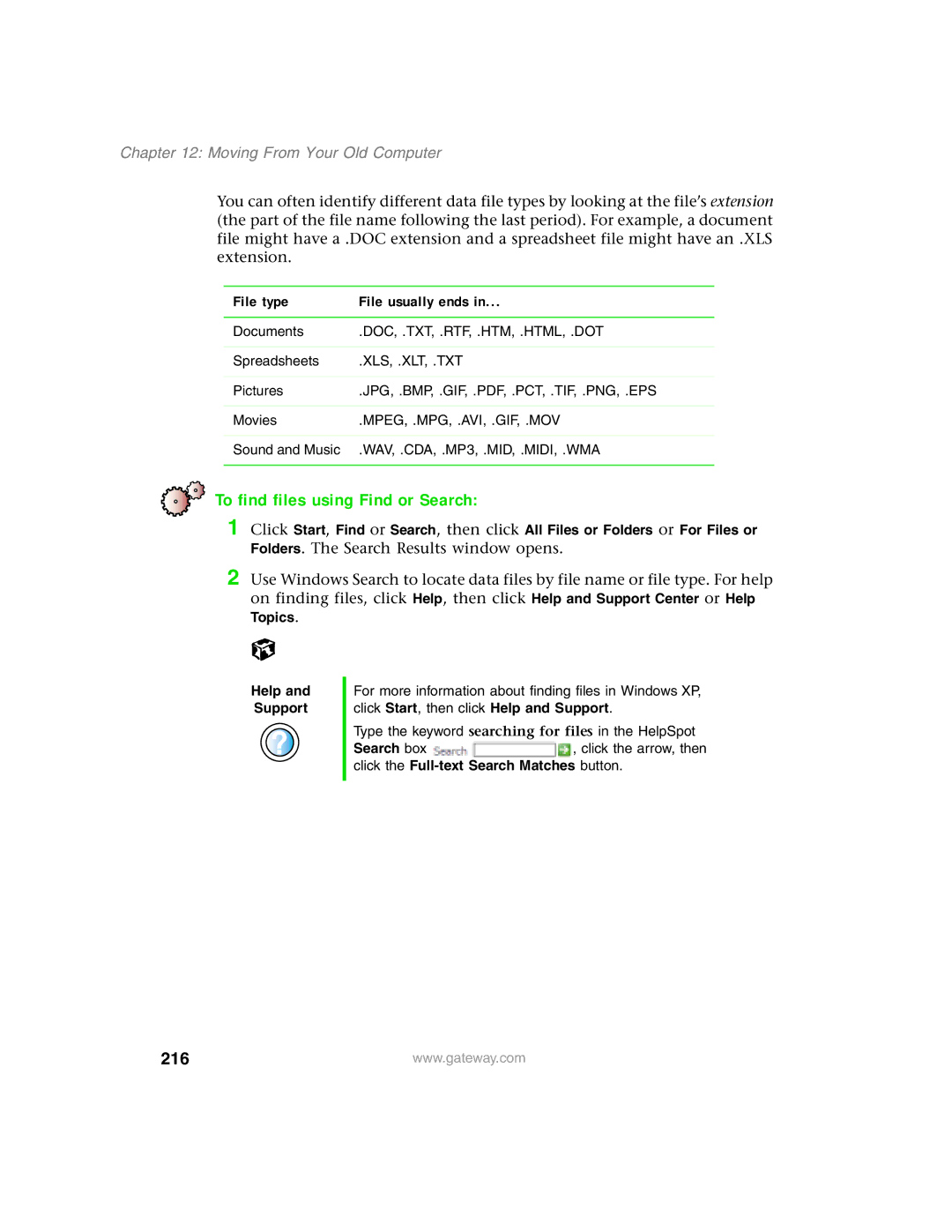 Gateway 1450 specifications To find files using Find or Search, 216, File type File usually ends 