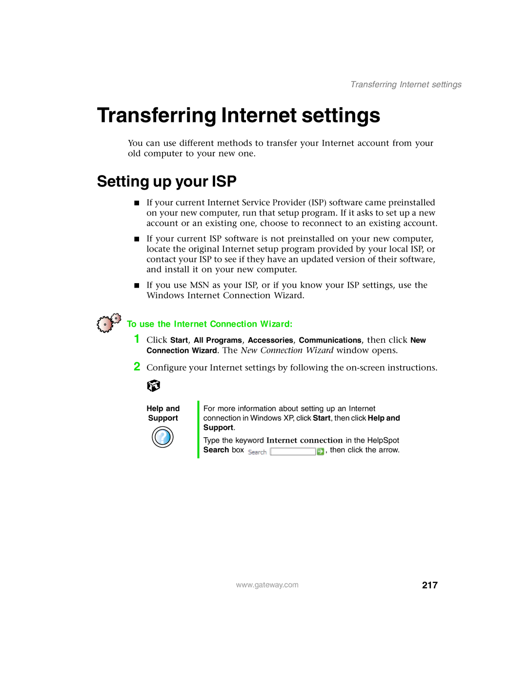 Gateway 1450 specifications Transferring Internet settings, Setting up your ISP, To use the Internet Connection Wizard, 217 