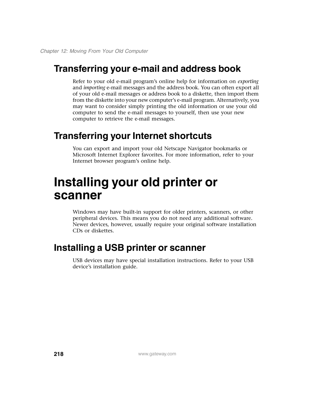 Gateway 1450 specifications Installing your old printer or scanner, Transferring your e-mail and address book, 218 