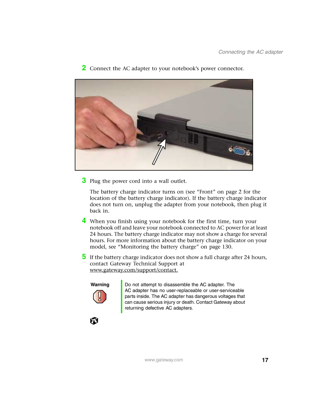 Gateway 1450 specifications Connecting the AC adapter 