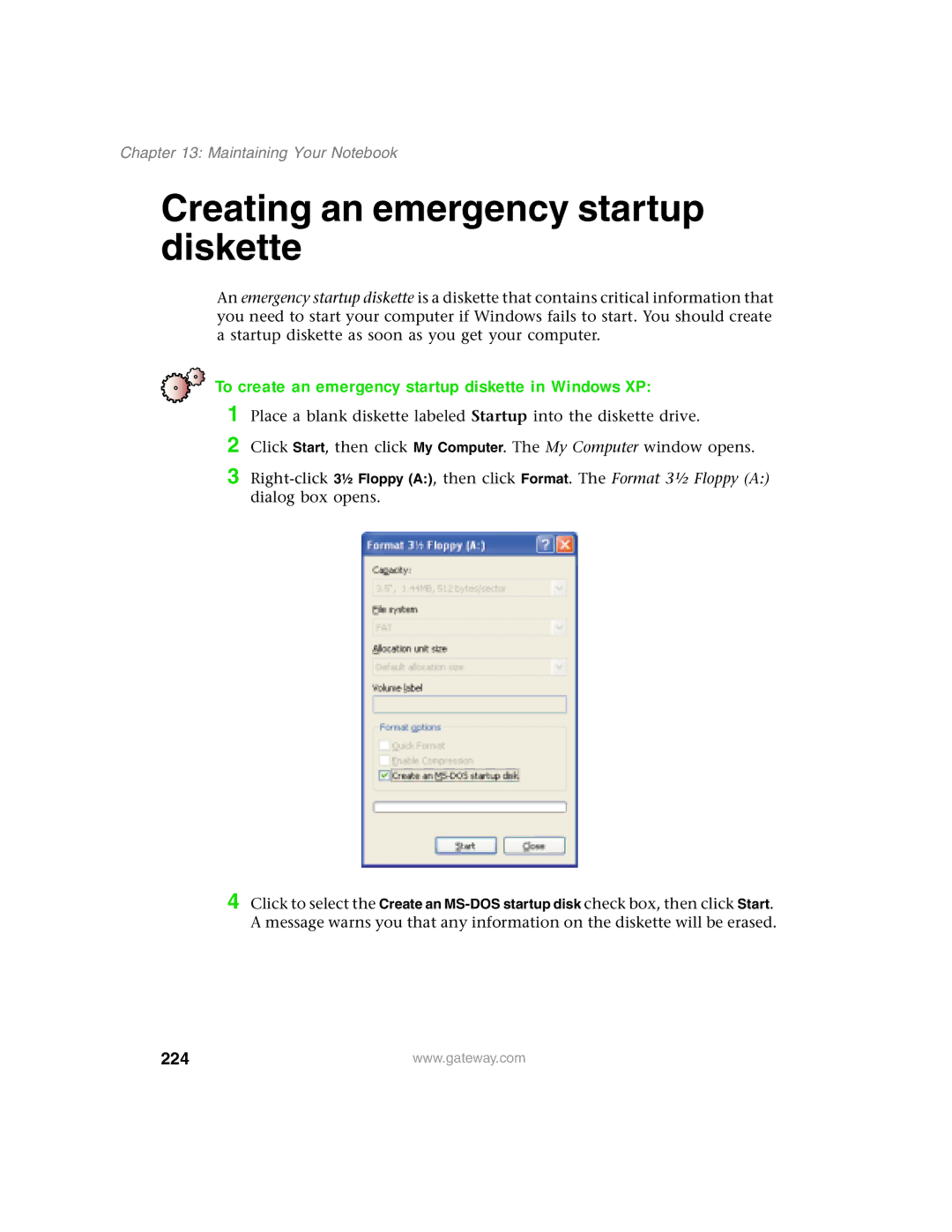 Gateway 1450 Creating an emergency startup diskette, To create an emergency startup diskette in Windows XP, 224 