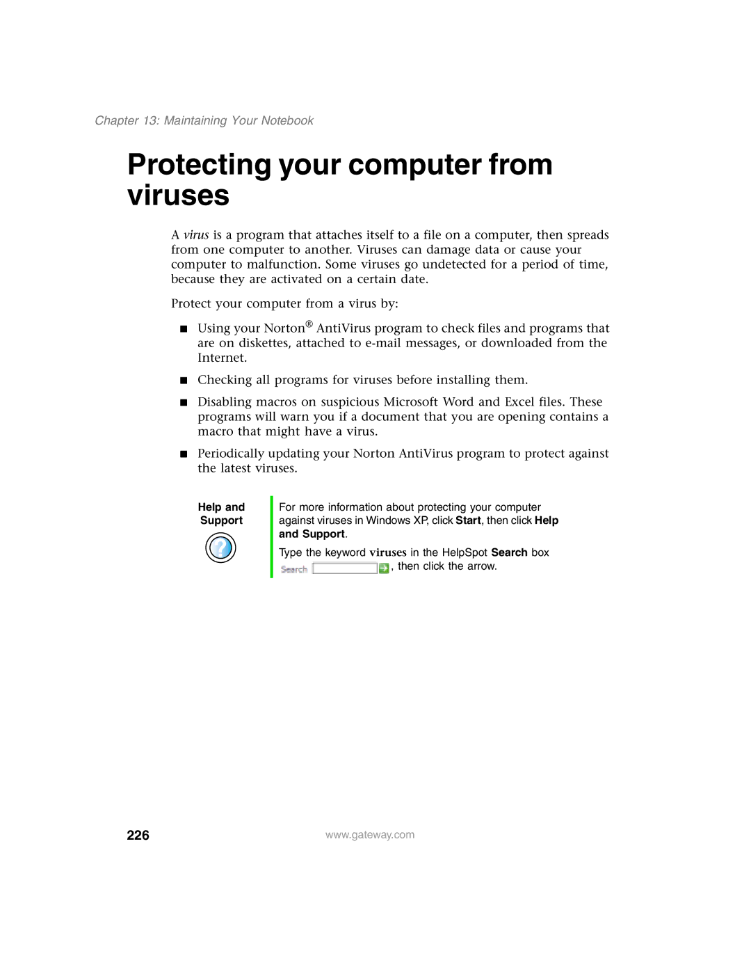 Gateway 1450 specifications Protecting your computer from viruses, 226 