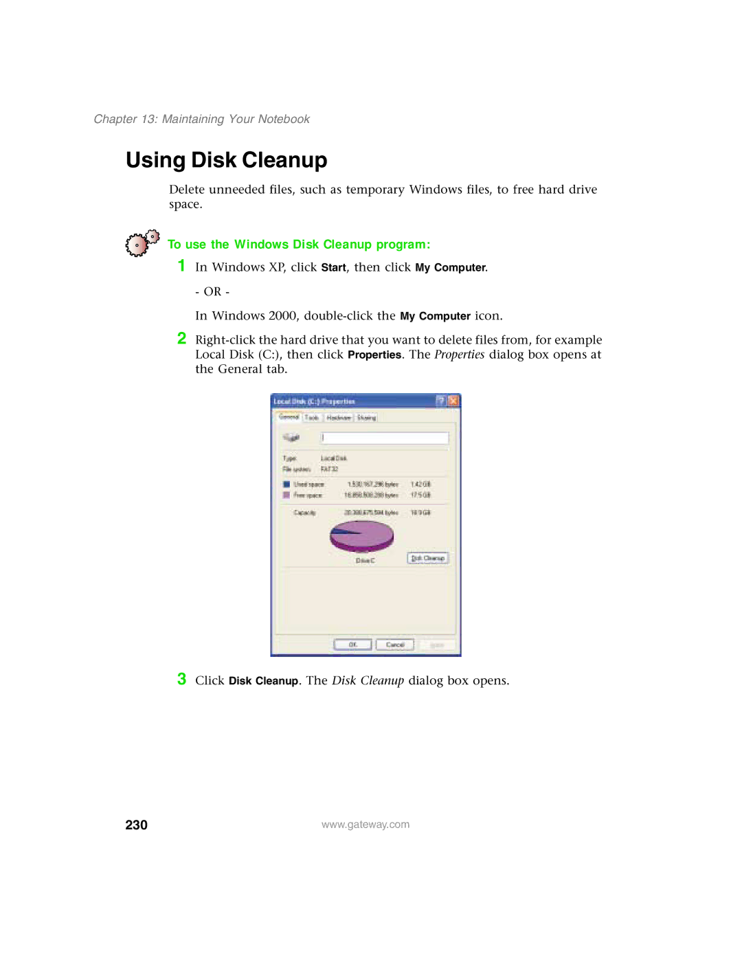 Gateway 1450 specifications Using Disk Cleanup, To use the Windows Disk Cleanup program, 230 