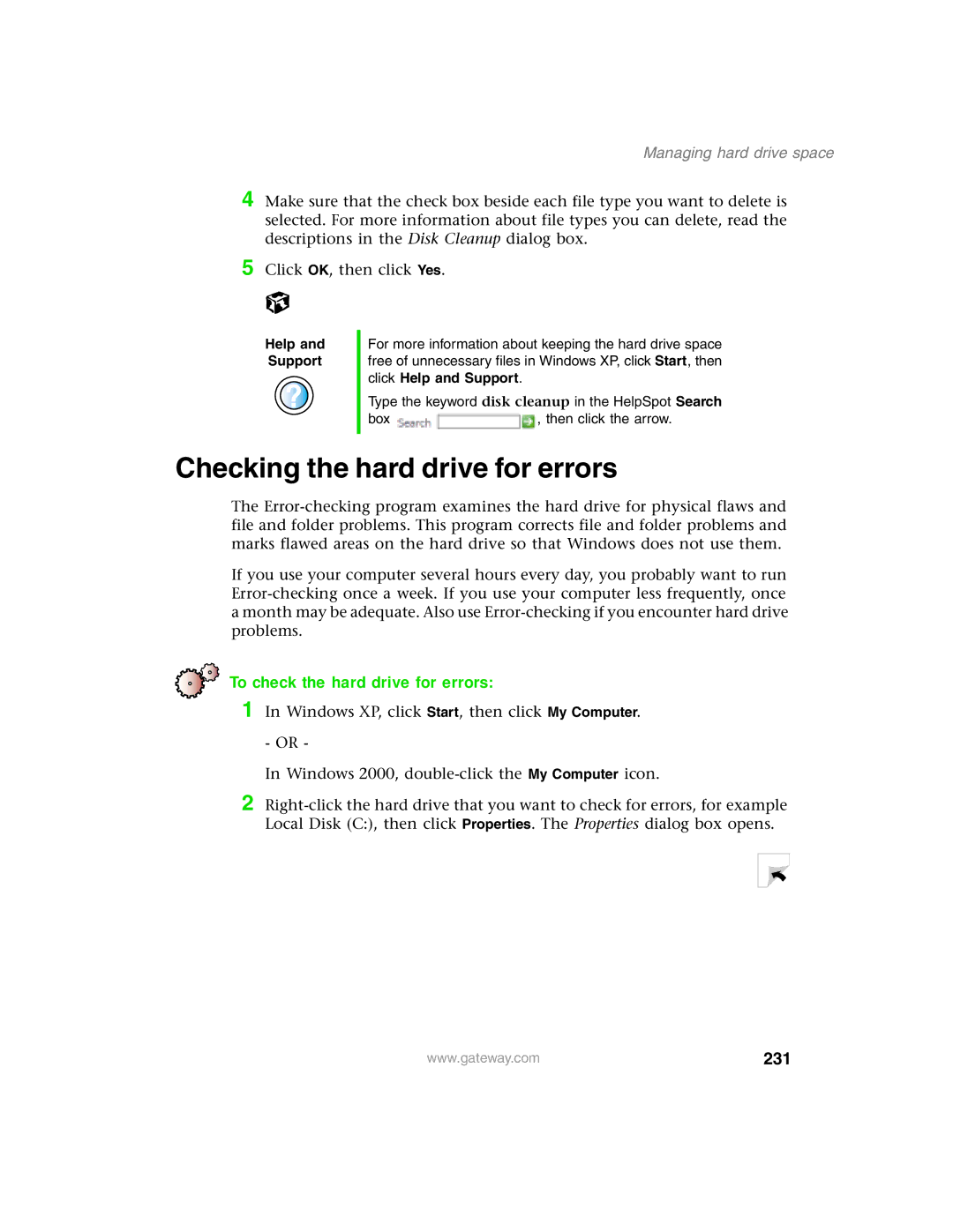 Gateway 1450 specifications Checking the hard drive for errors, To check the hard drive for errors, 231 