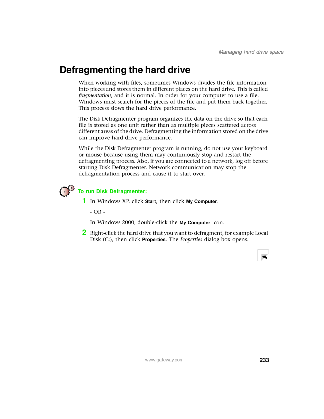 Gateway 1450 specifications Defragmenting the hard drive, To run Disk Defragmenter, 233 