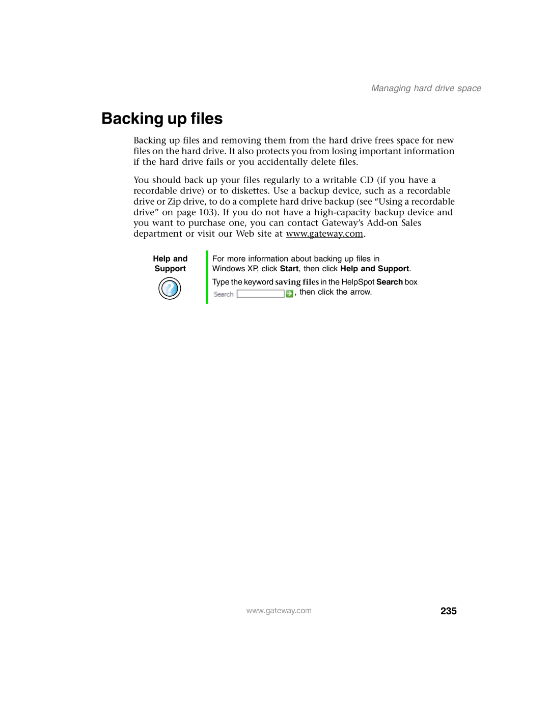 Gateway 1450 specifications Backing up files, 235 