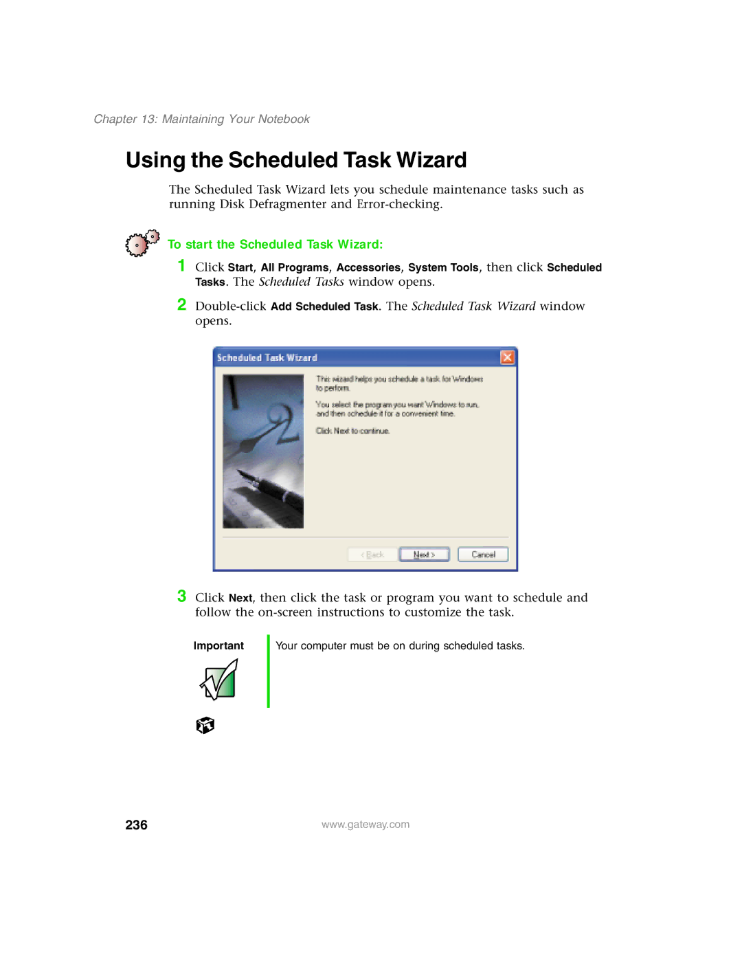 Gateway 1450 specifications Using the Scheduled Task Wizard, To start the Scheduled Task Wizard, 236 