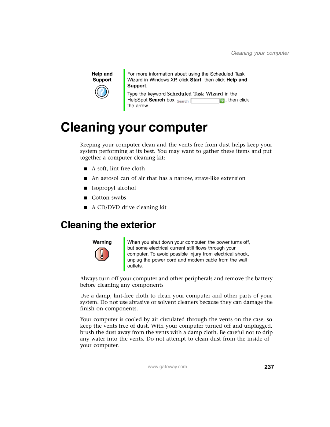 Gateway 1450 specifications Cleaning your computer, Cleaning the exterior, 237 