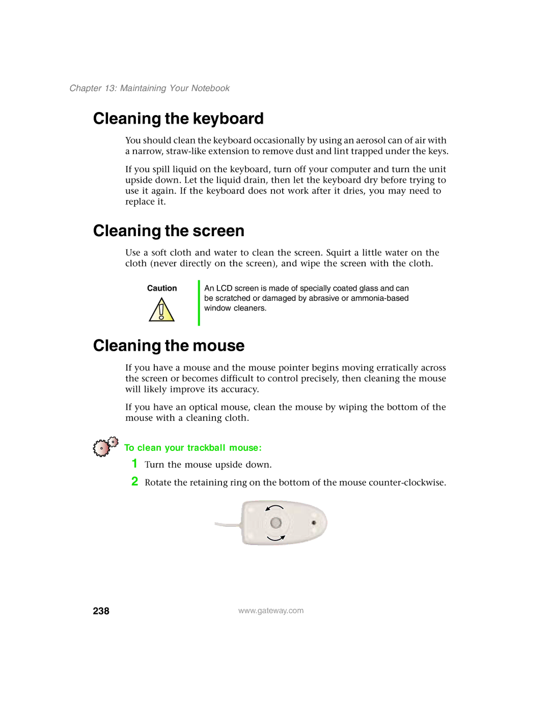 Gateway 1450 Cleaning the keyboard, Cleaning the screen, Cleaning the mouse, To clean your trackball mouse, 238 