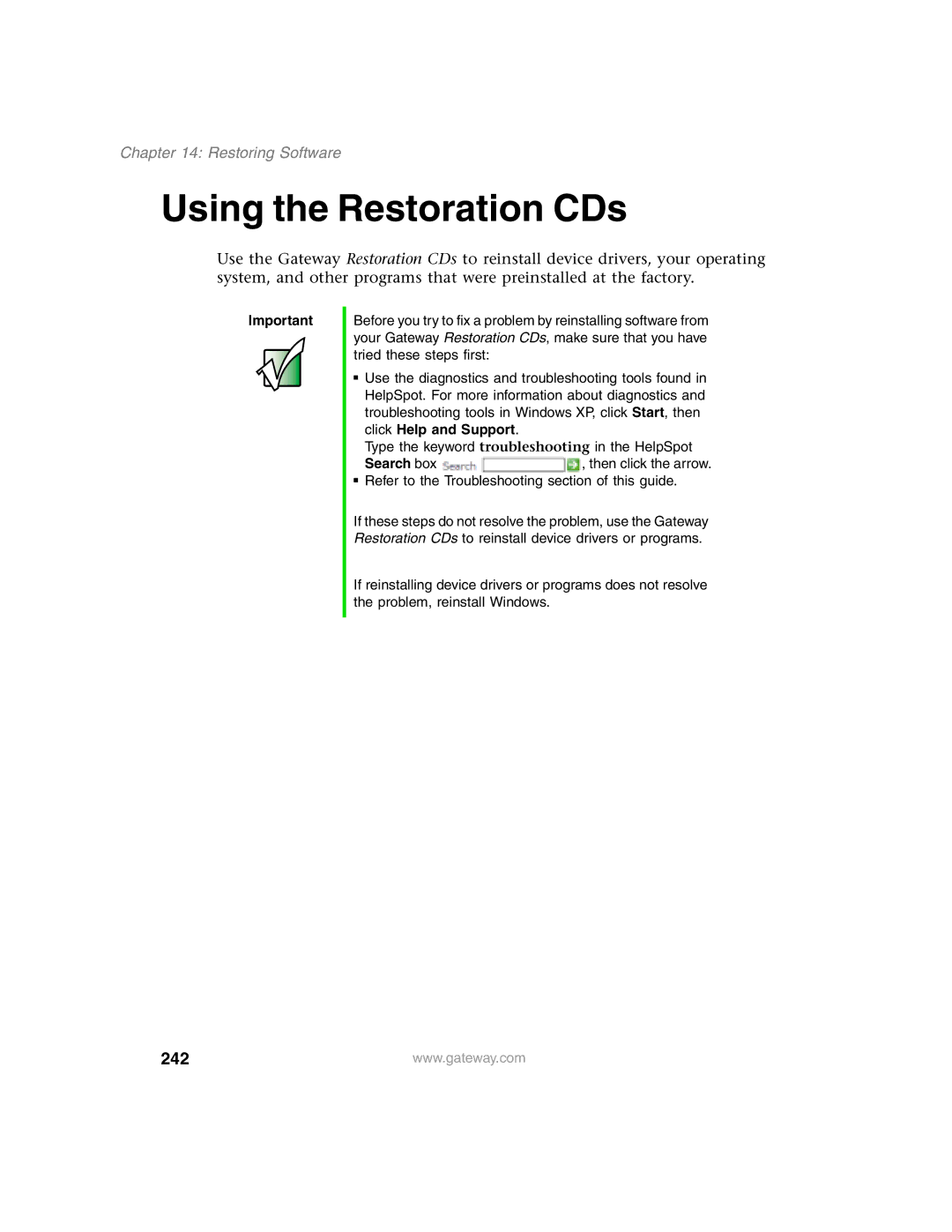 Gateway 1450 specifications Using the Restoration CDs, 242, Restoring Software 