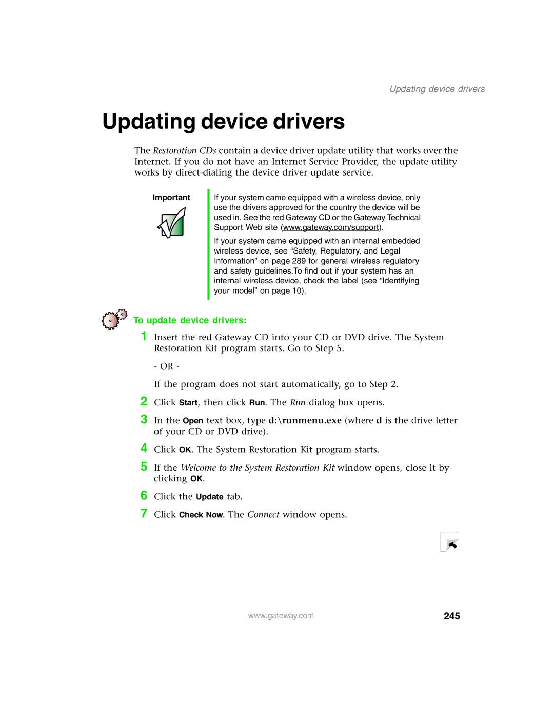 Gateway 1450 specifications 245, Updating device drivers 